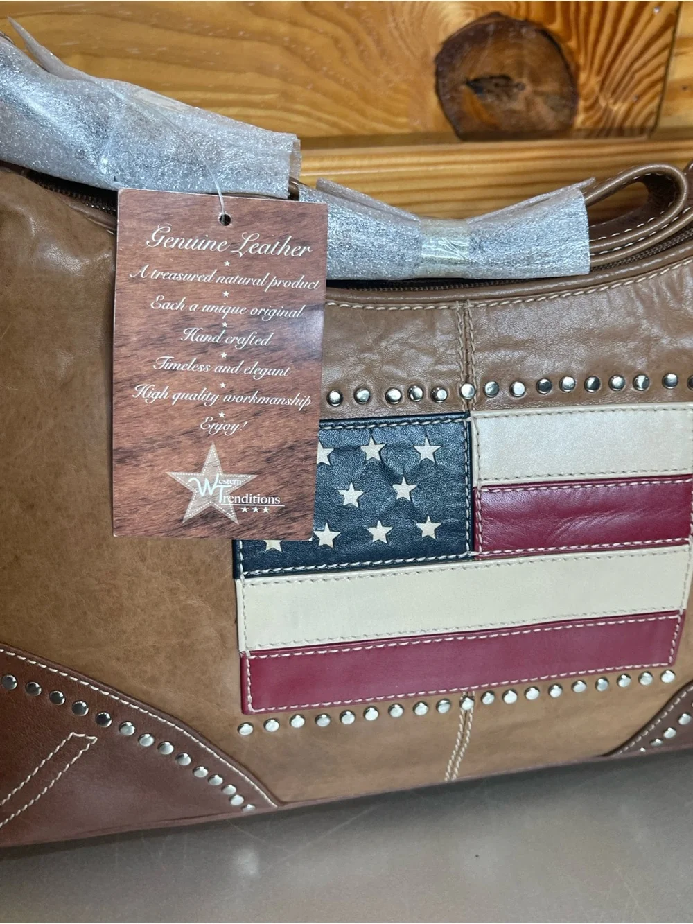 Western Trenditions Women's Brown Leather Patriotic Bag with American Flag
